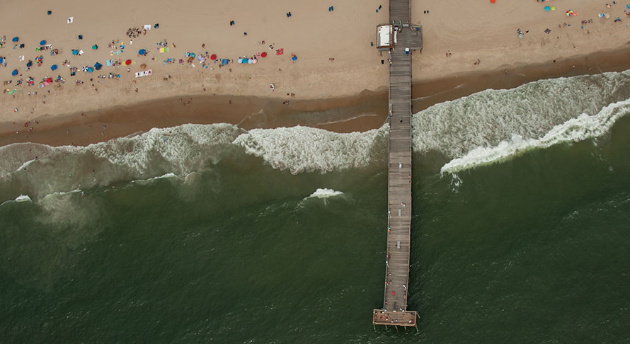 High overhead view of OC fishing pier and beach
