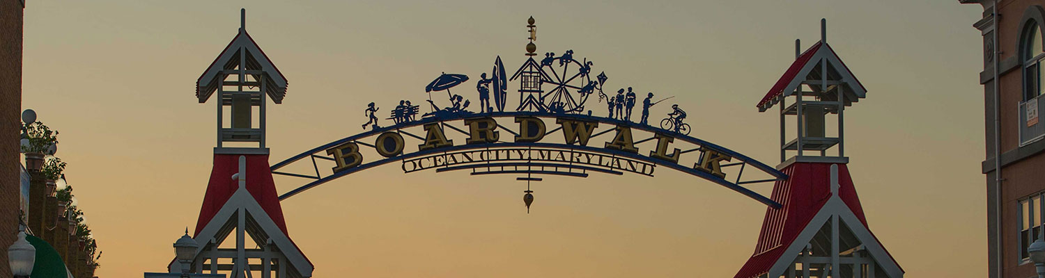 The famous public BOARDWALK sign at the main entrance of the boardwalk in Ocean City, Maryland